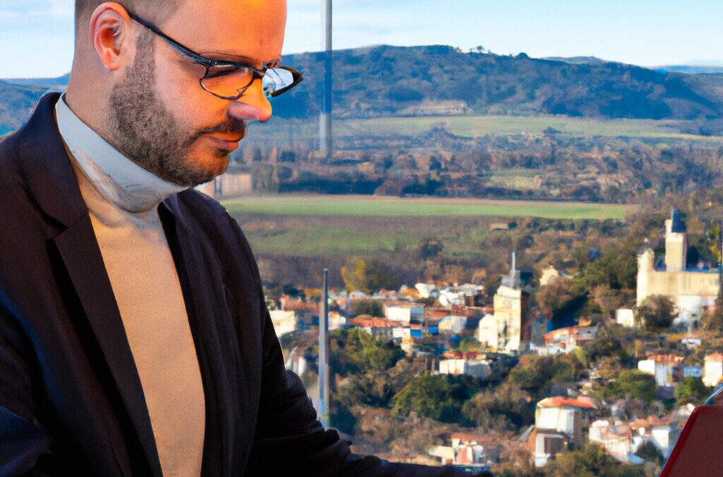A digital consultant working with a local business in Voiron on their online strategy, with a backdrop of the town's scenic landscapes.