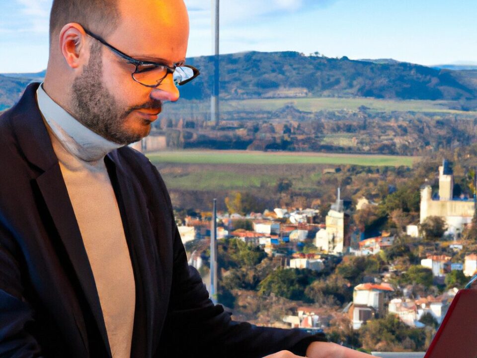 A digital consultant working with a local business in Voiron on their online strategy, with a backdrop of the town's scenic landscapes.