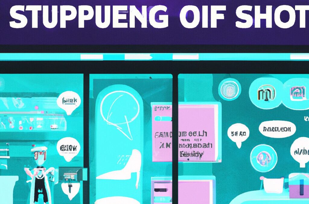 A futuristic Shopify store with AI elements like chatbots and data analytics tools displayed prominently.
