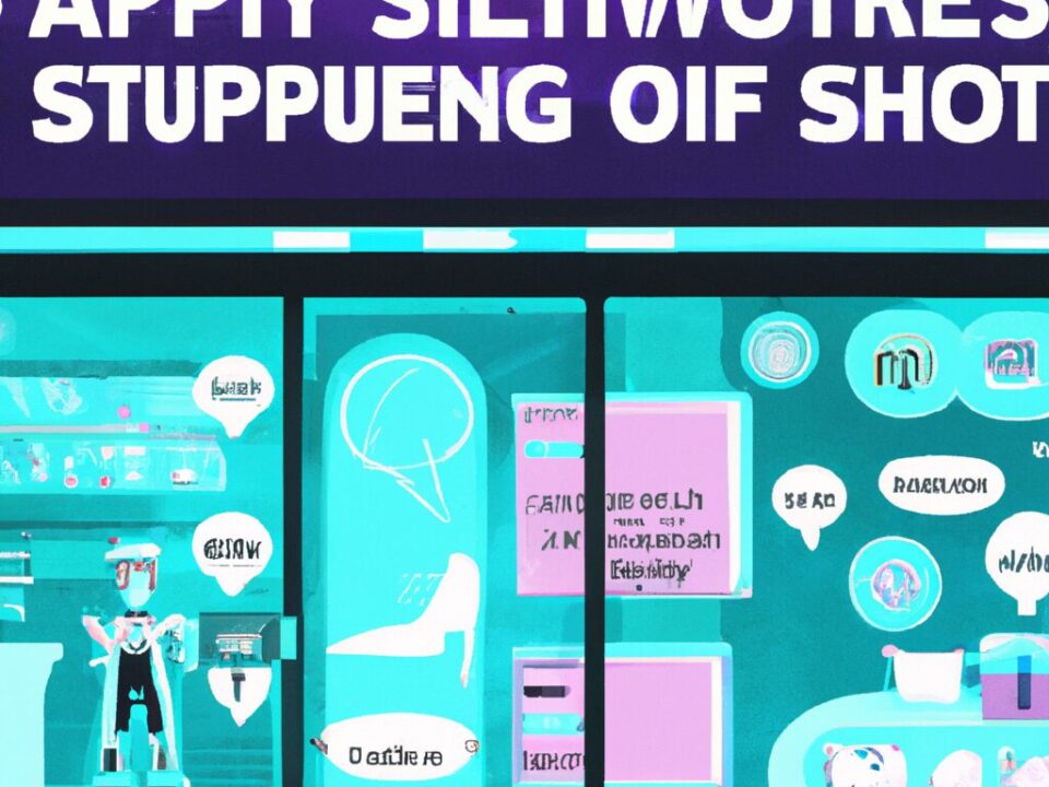 A futuristic Shopify store with AI elements like chatbots and data analytics tools displayed prominently.