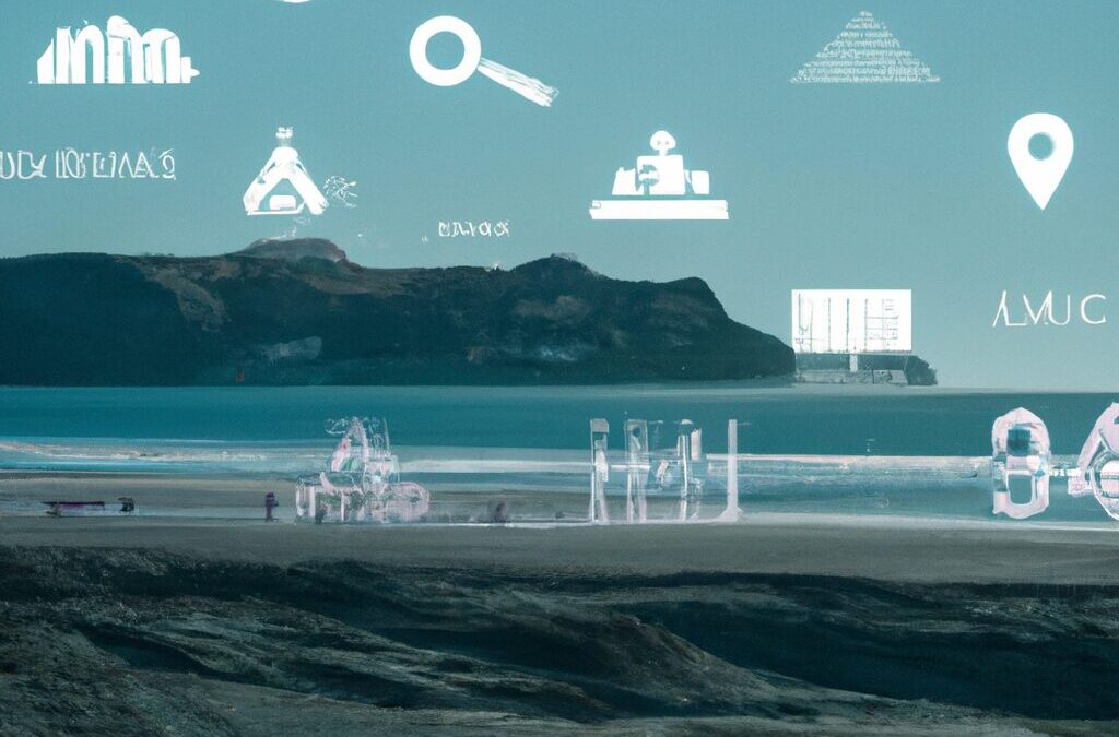 A futuristic digital landscape with AI elements and search engine symbols, representing SEO, SEA, and GEO strategies in 2026-2027.