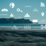 A futuristic digital landscape with AI elements and search engine symbols, representing SEO, SEA, and GEO strategies in 2026-2027.