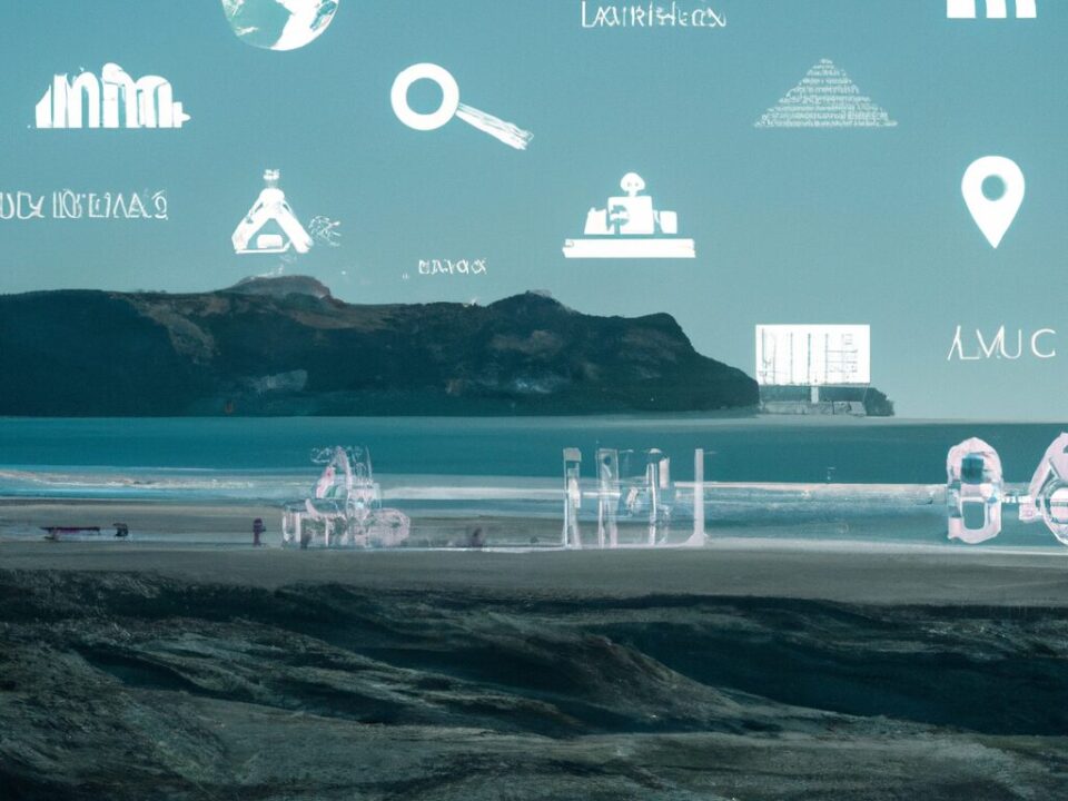 A futuristic digital landscape with AI elements and search engine symbols, representing SEO, SEA, and GEO strategies in 2026-2027.